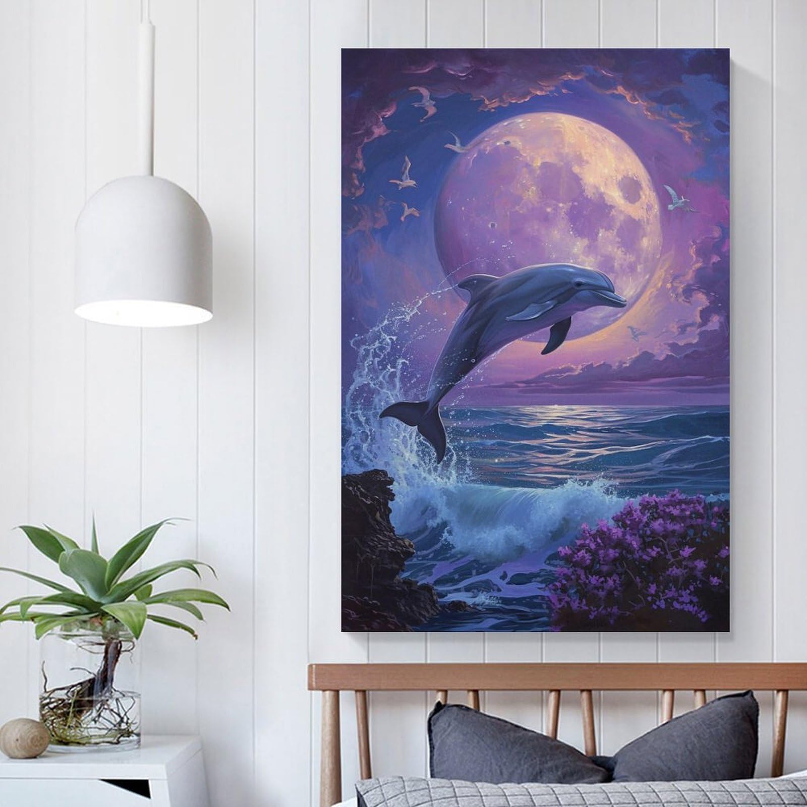 Amazon.co.jp: 絵画 夜の海から飛び出すイルカインテリア 絵画